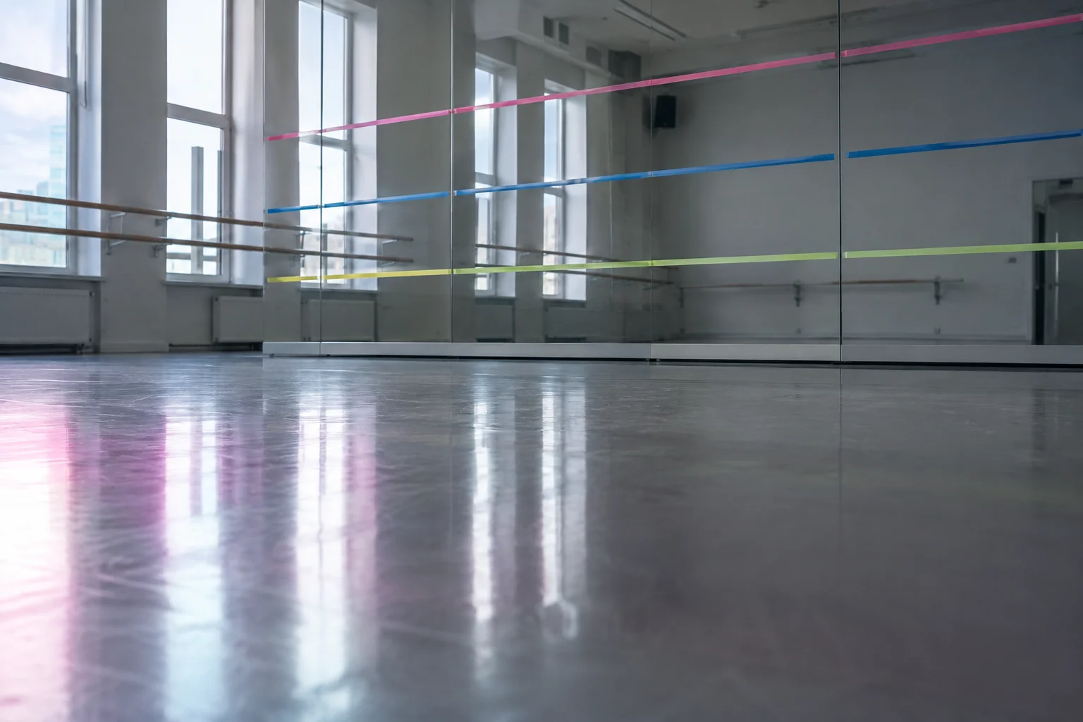 メンバー同士の身長差をイメージした、ダンススタジオの鏡と床のテープ跡の写真