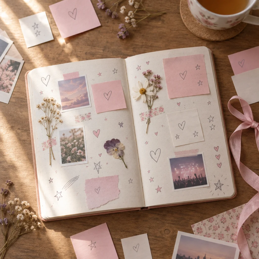 ファンが思いを書き残すノートやメモをイメージしたフラットレイ写真