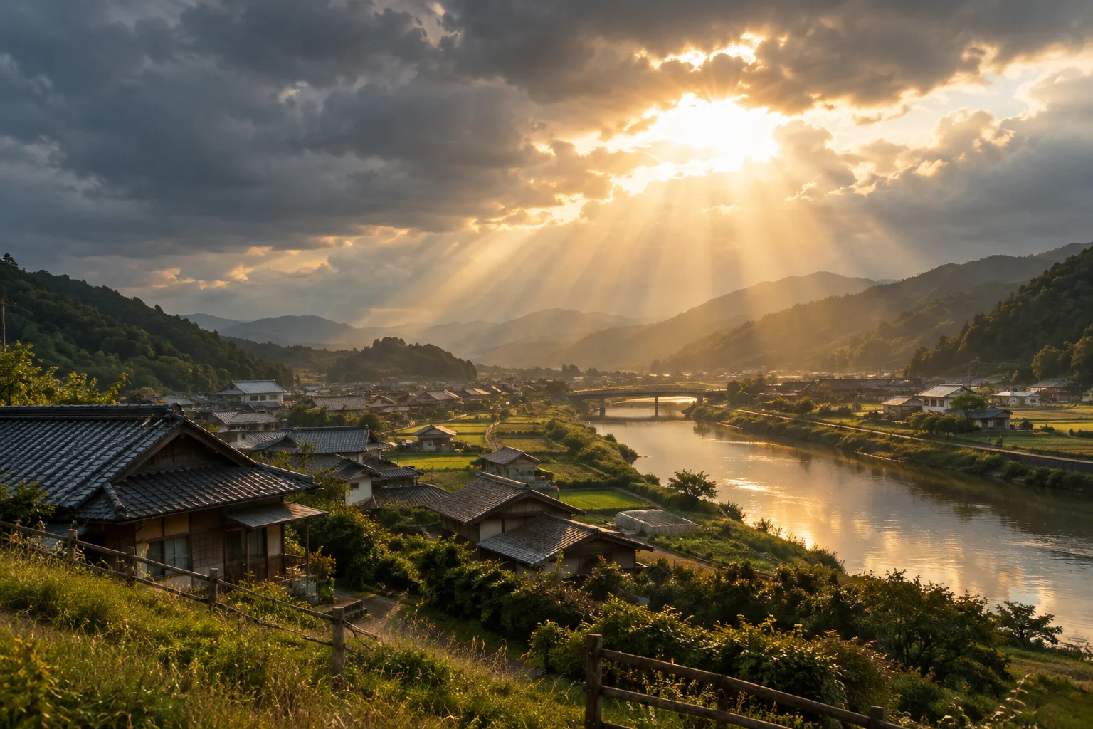 困難の後に差し込む光をイメージした、復興と希望を感じさせる農村の風景写真