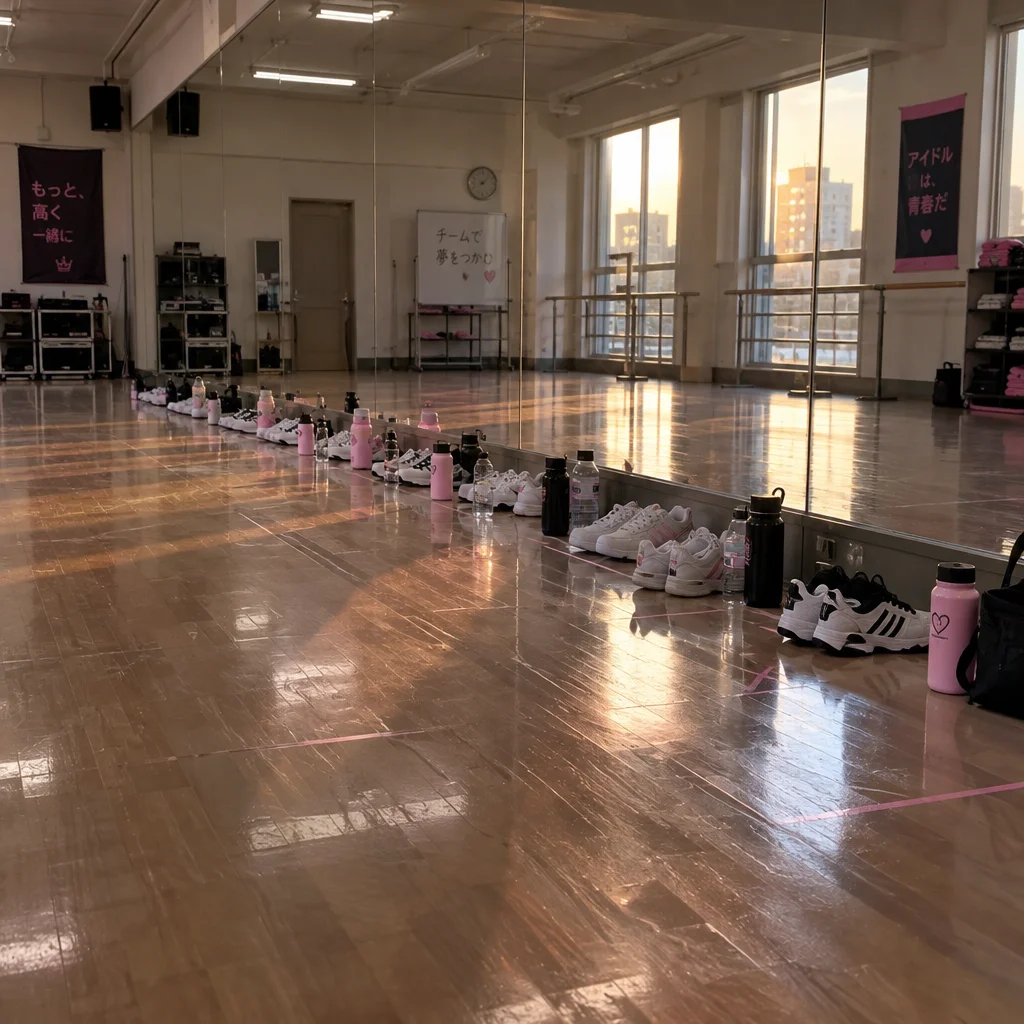 鏡の前に並んだ練習用シューズが映る櫻坂46のダンスリハーサルスタジオのイメージ