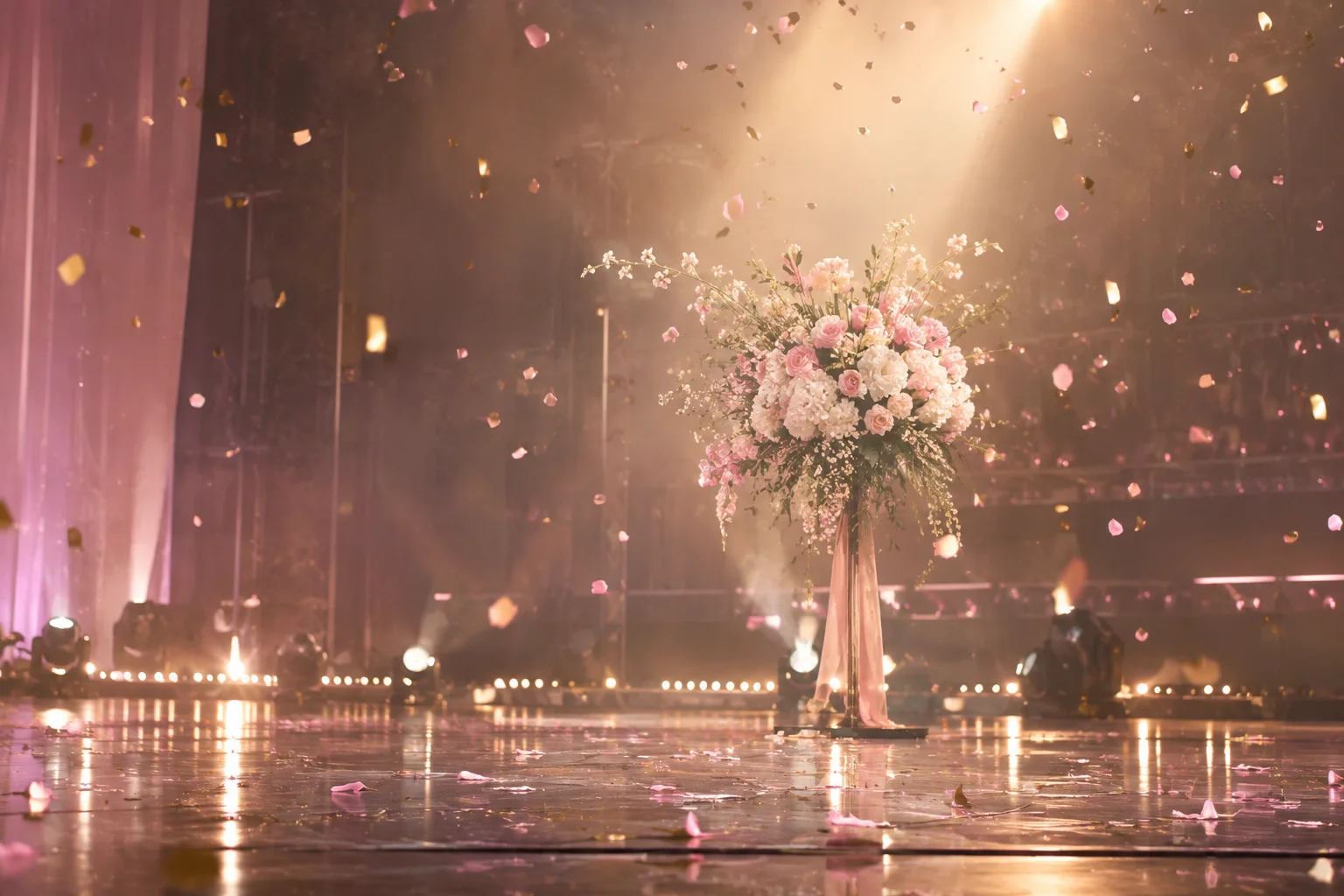 アイドルの卒業セレモニーの余韻をイメージした、花束と紙吹雪が舞うステージの写真
