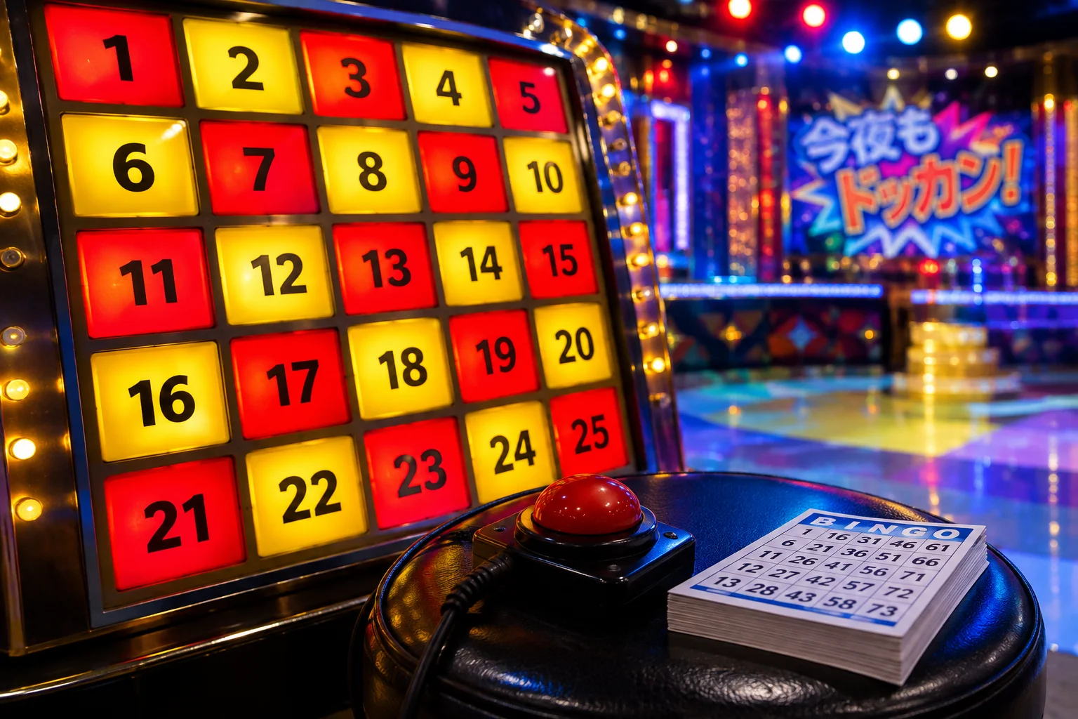BINGO形式のグリッドパネルと得点カードを使ったスタジオセットのイメージ写真