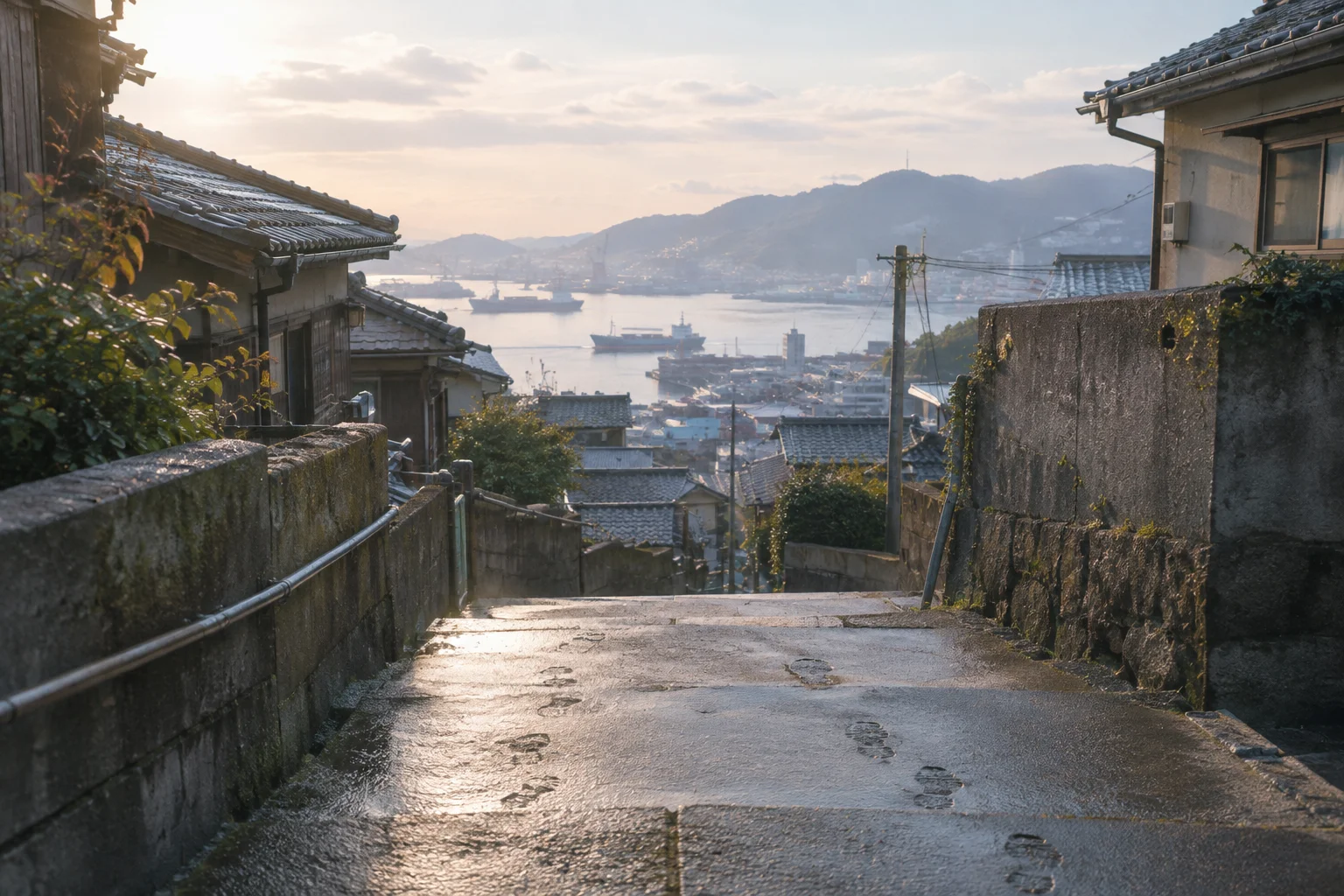 長崎の港町にある通学路の坂道をイメージした写真、成海唯と馬渕洸の過去を思わせる風景