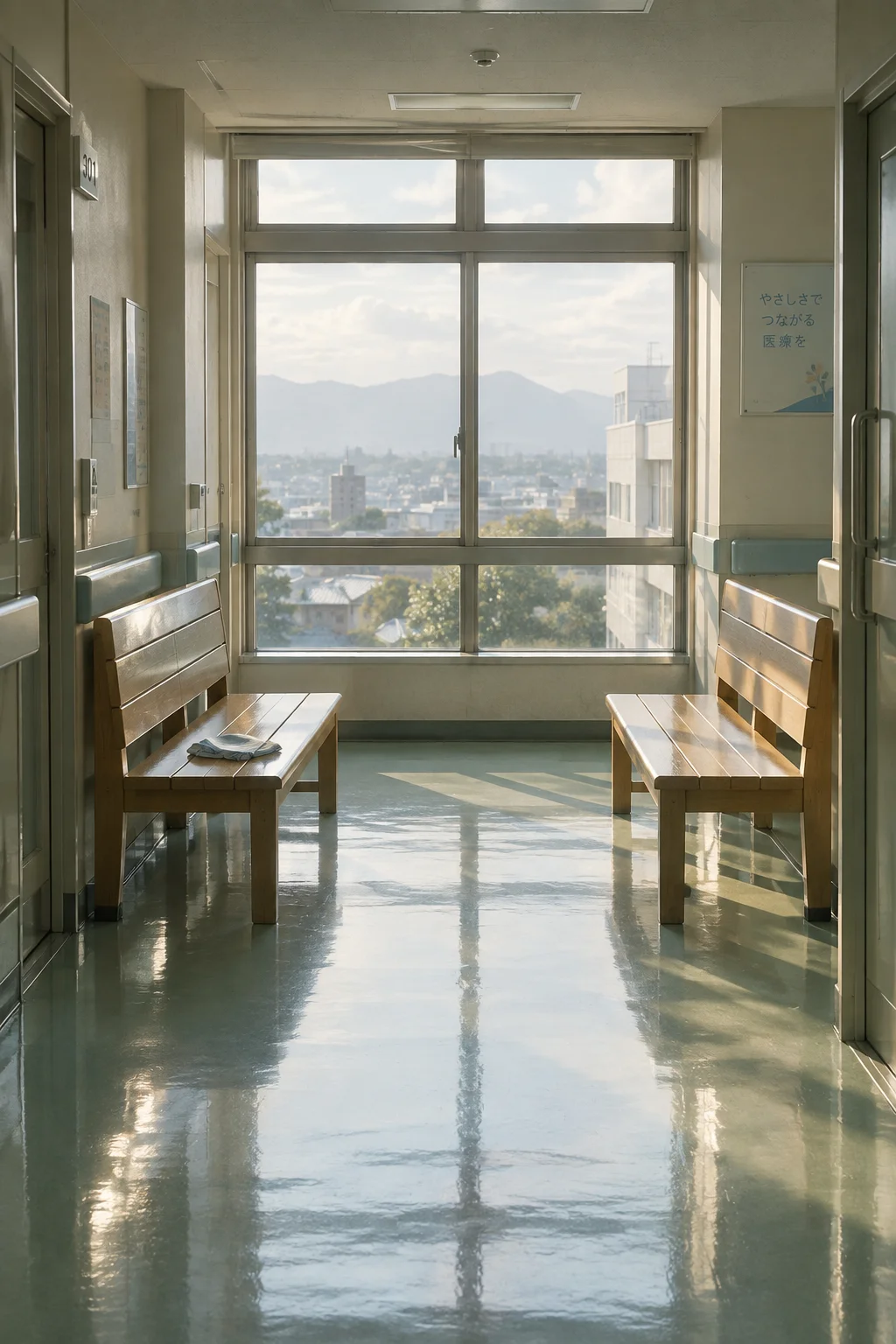 病院の静かな廊下をイメージした写真、家族の病気と向き合う時間を表す風景
