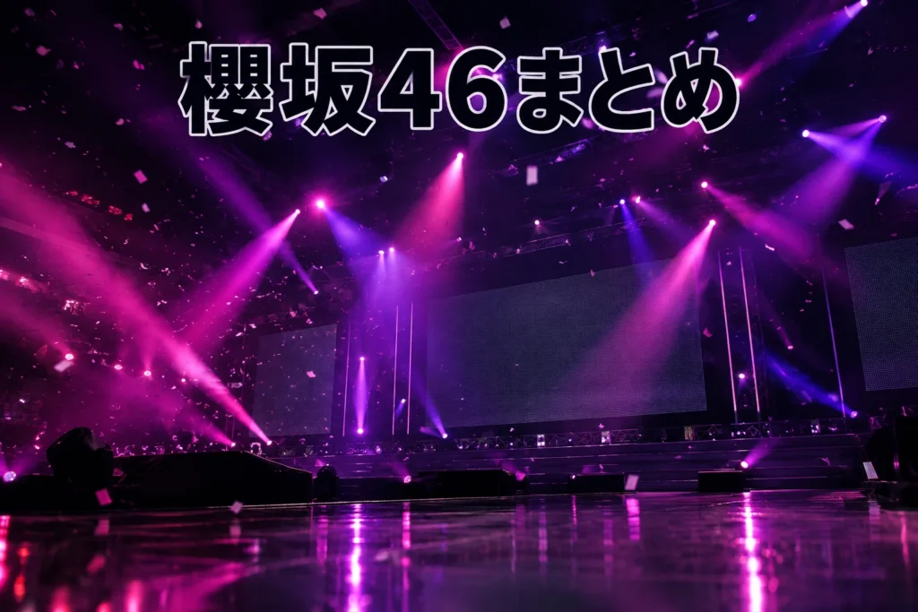 ピンクと黒のステージ照明が輝く無人のコンサート会場を背景に「櫻坂46まとめ」の見出しが入った櫻坂46まとめのアイキャッチ画像