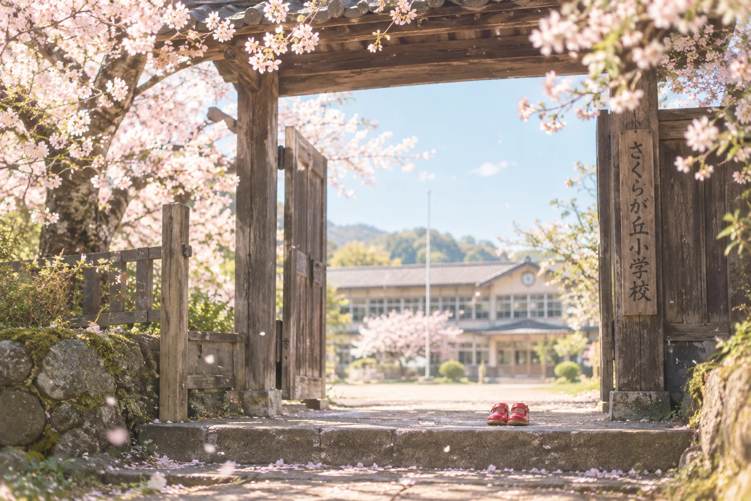入学式を迎える学校の門と桜をイメージした、新しい門出を象徴する写真