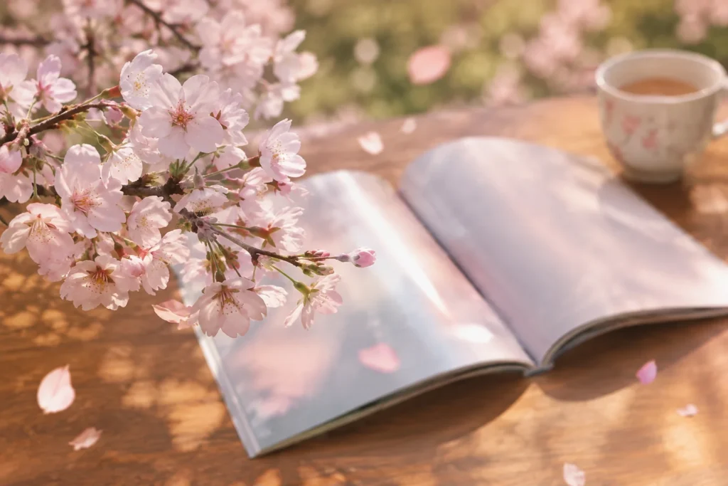 武元唯衣のグラビアをイメージした、桜と雑誌をモチーフにした写真