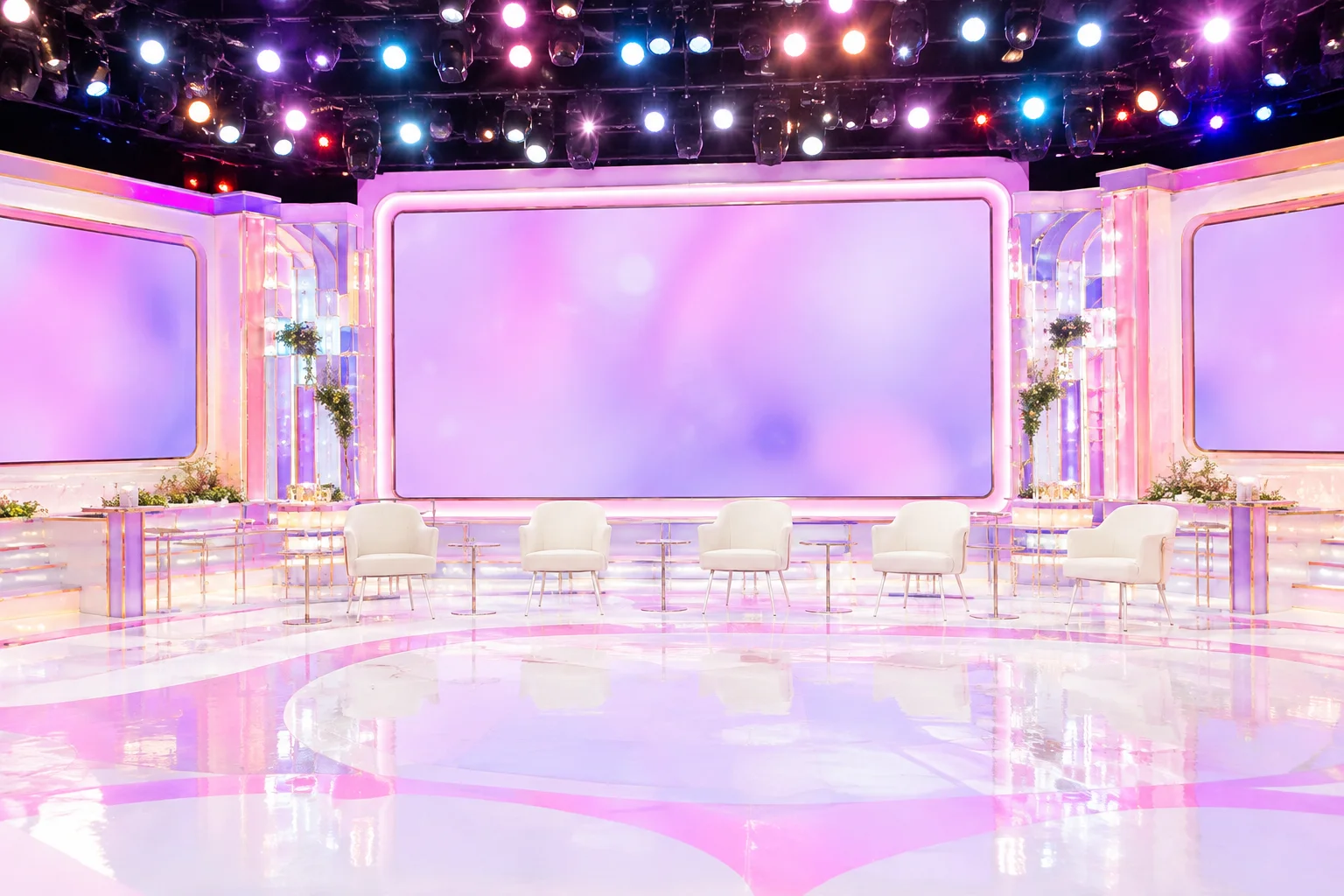 テレビ収録スタジオの華やかな照明をイメージした写真、そこさくのような冠バラエティ番組の雰囲気